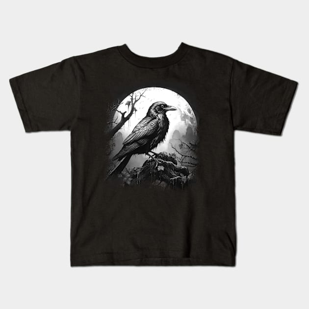 Black Crow in Full Moon Kids T-Shirt by Kali Space